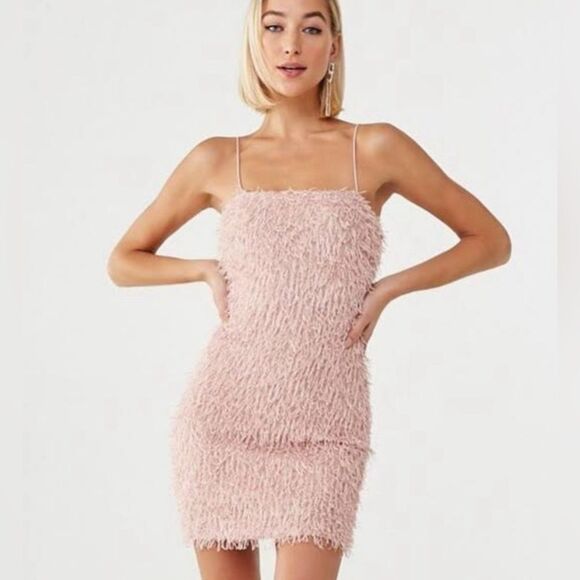 Pink fuzzy eyelash fringe sparkling cami mini dress size small - Picture 2 of 9